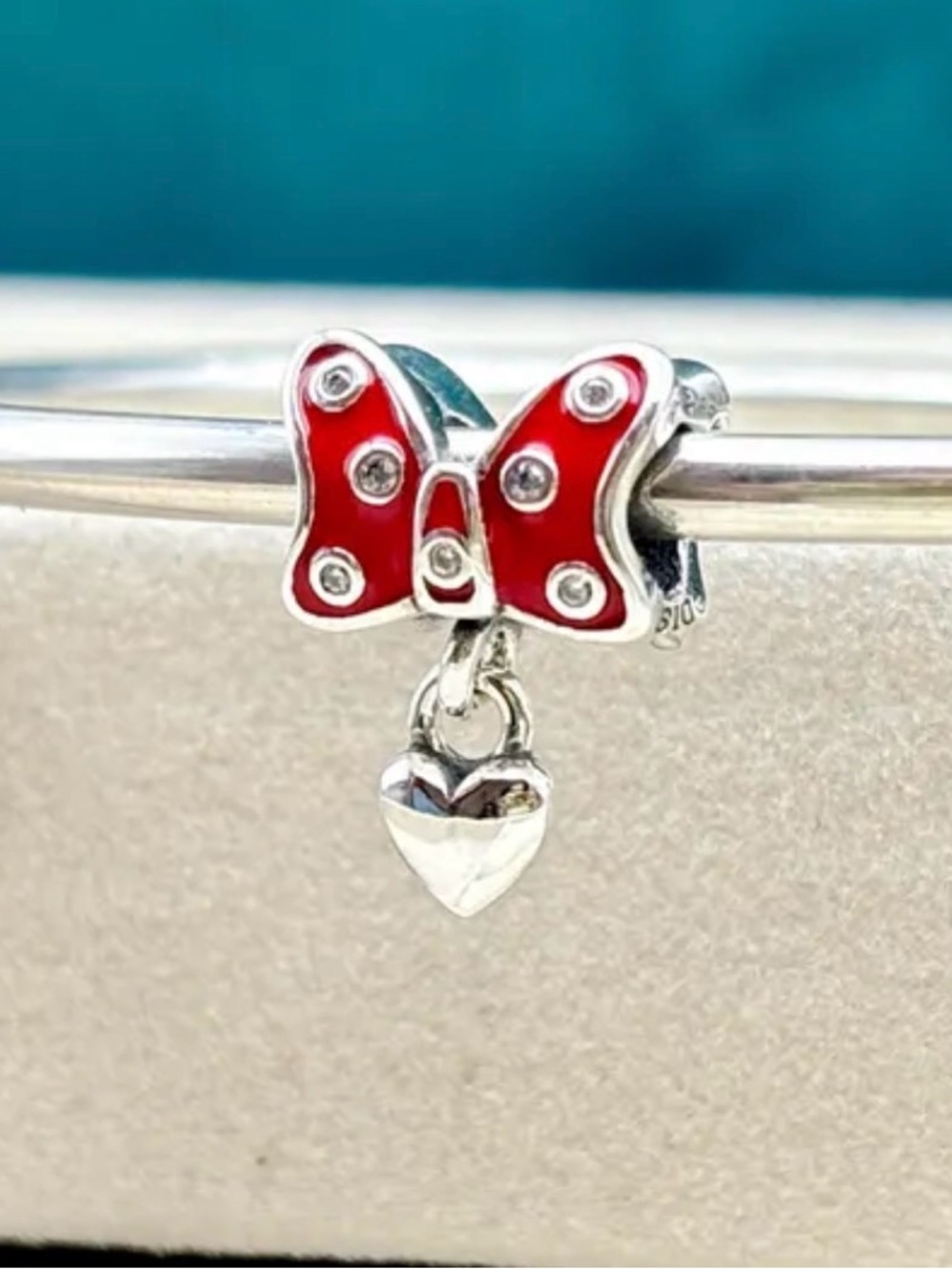 Sterling Silver Red Enamel Bow Dangle Charm with Heart